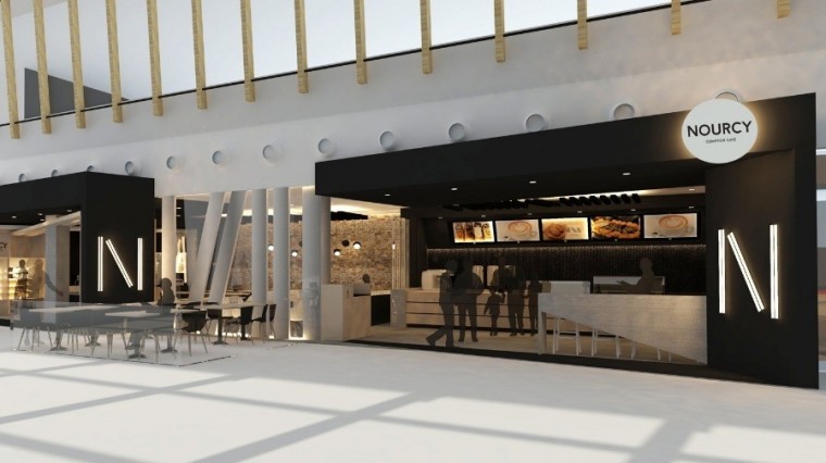 L’aire café et restaurant Nourcy en zone publique de l’aéroport. Concept et image par Steve Girard Designer.
