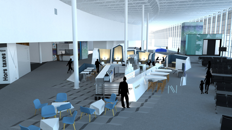 Le comptoir lunch-bar Nourcy en zone stérile de l’aéroport. Concept et image par Steve Girard Designer.